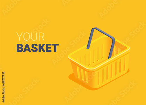 isometric vector illustration on yellow background, empty yellow shopping basket with black handle, online shopping