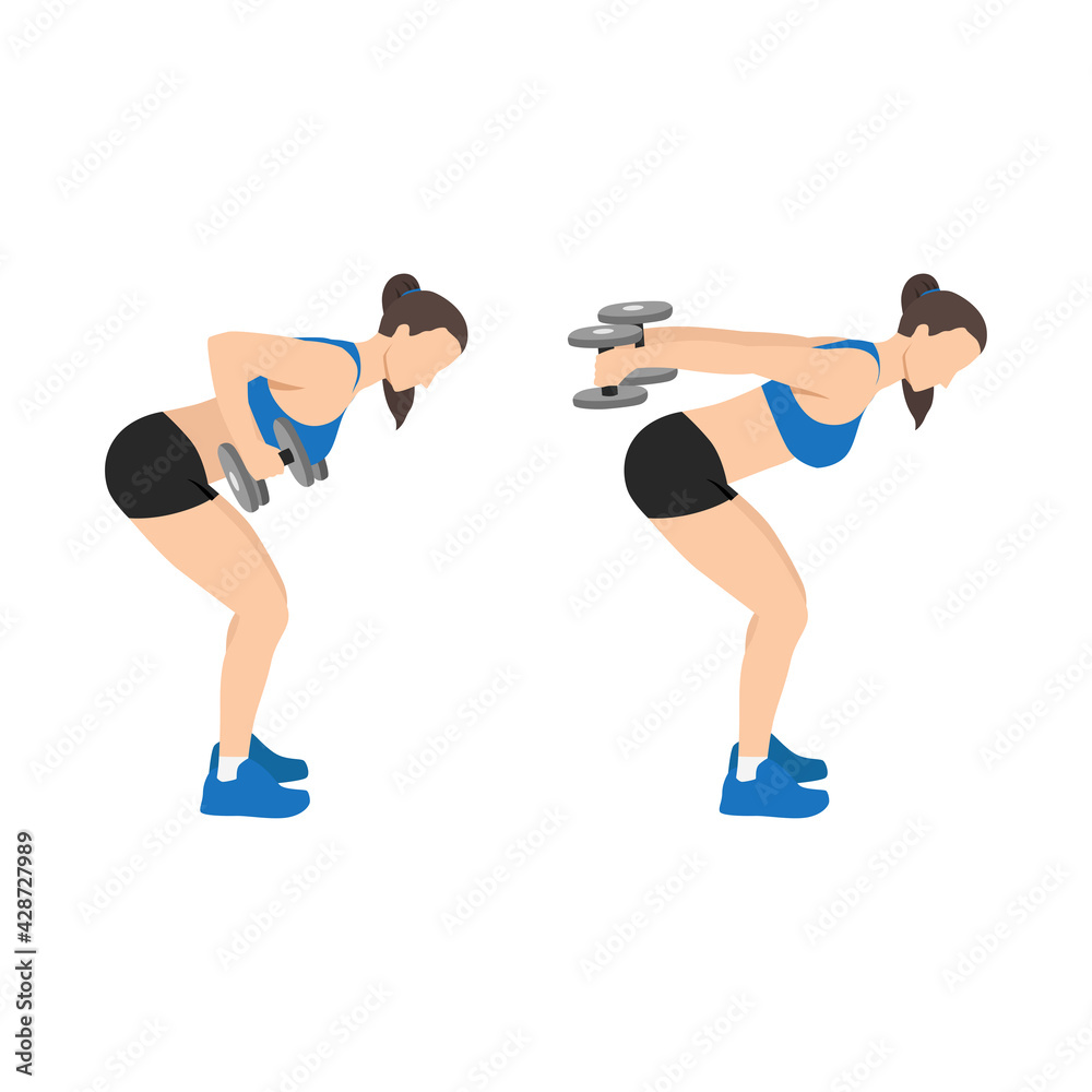 Woman doing bent over double arm tricep kickbacks exercise flat vector illustration isolated on white background Woman doing bent over double arm tricep kickbacks exercise flat vector illustration isolated on white background