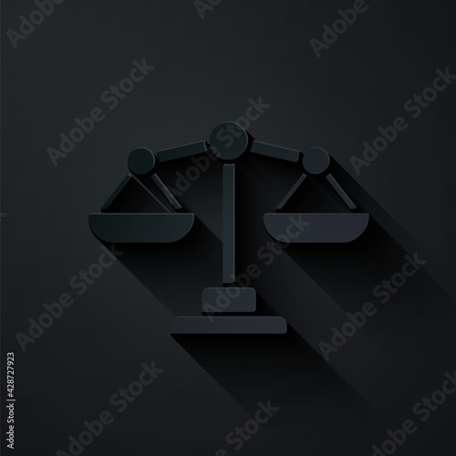 Paper cut Scales of justice icon isolated on black background. Court of law symbol. Balance scale sign. Paper art style. Vector.