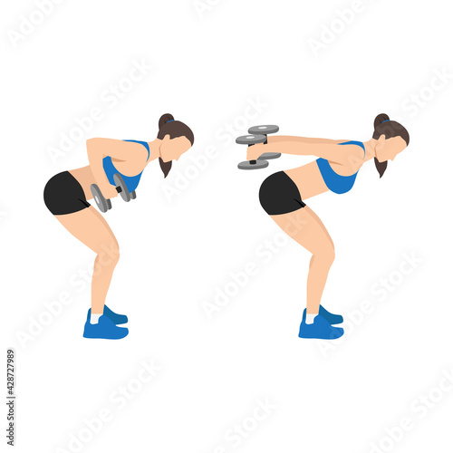 Woman doing bent over double arm tricep kickbacks exercise flat vector illustration isolated on white background 