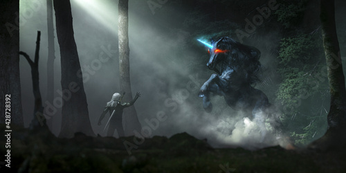 Dark Unicorn in a fog and misty black forest illuminated by god ray and a drown obscure elf in the night - concept art - 3D rendering