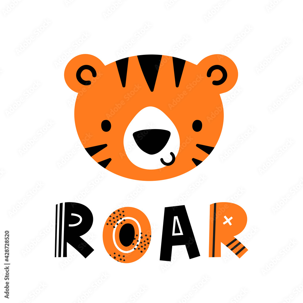 Cute tiger head with word roar. Animal doodle illustration. Cute tiger head with word roar. Animal doodle illustration.