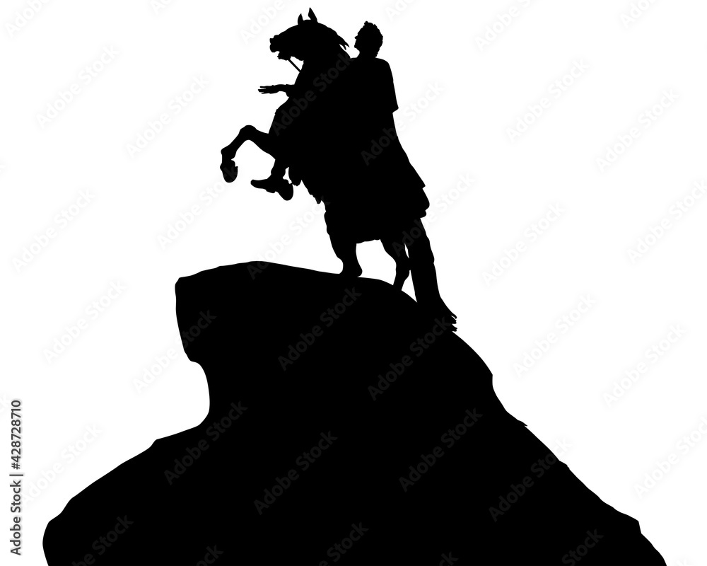 Ancient equestrian monument in St. Petersburg. Isolated silhouette on white background