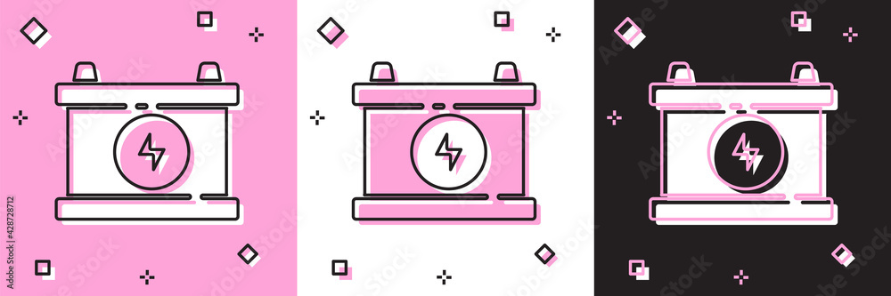 Set Car battery icon isolated on pink and white, black background. Accumulator battery energy power and electricity accumulator battery. Vector