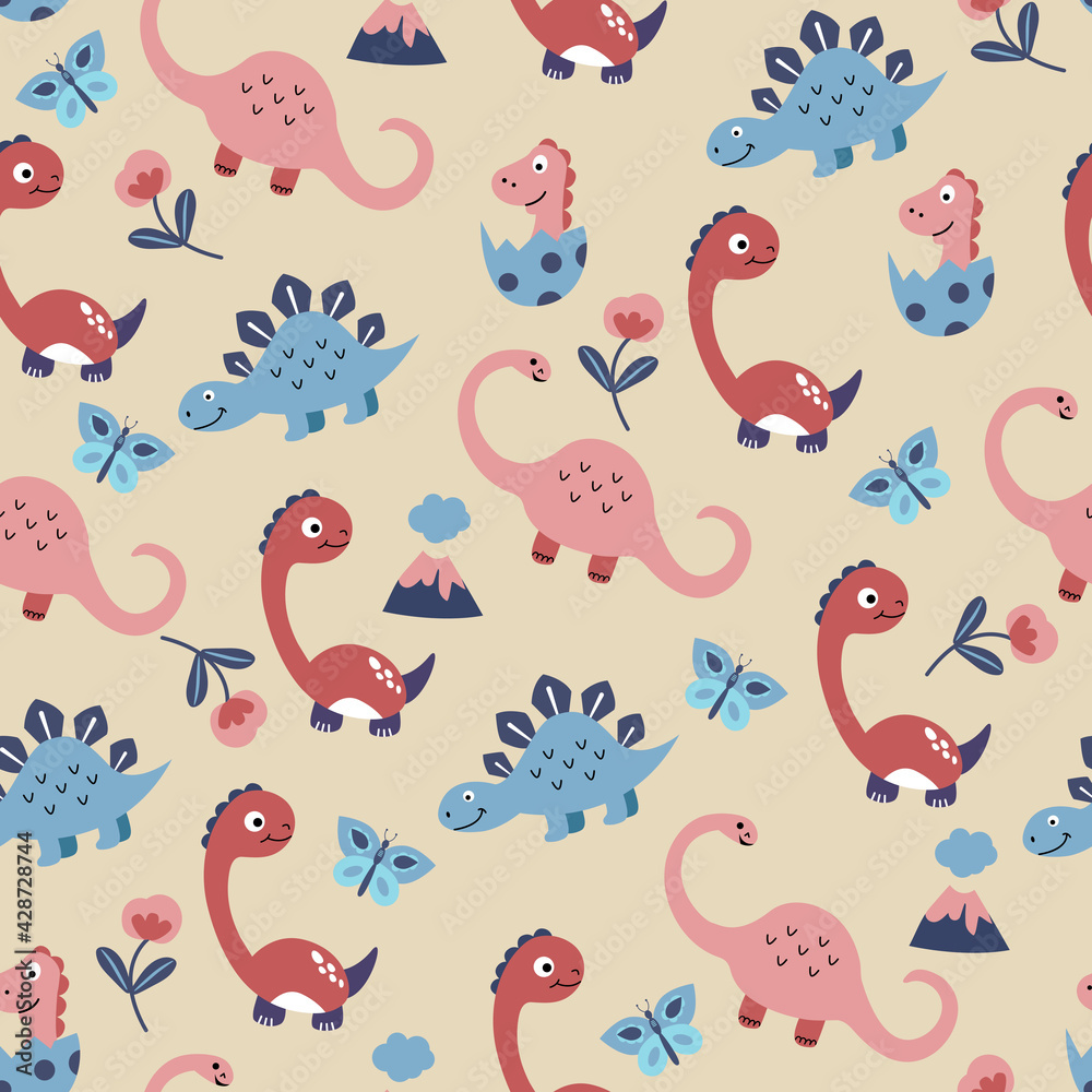 Seamless pattern with cute hand drawn dinosaurs. Design of fabrics, textiles, wallpaper, packaging, decoration of a children's room.