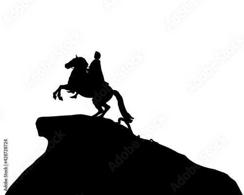 Ancient equestrian monument in St. Petersburg. Isolated silhouette on white background