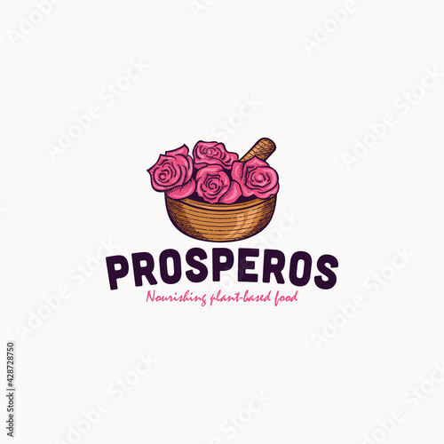 Mortar and Pestle With Rose Flower Vintage Logo Design Inspiration For Herbal Medicine