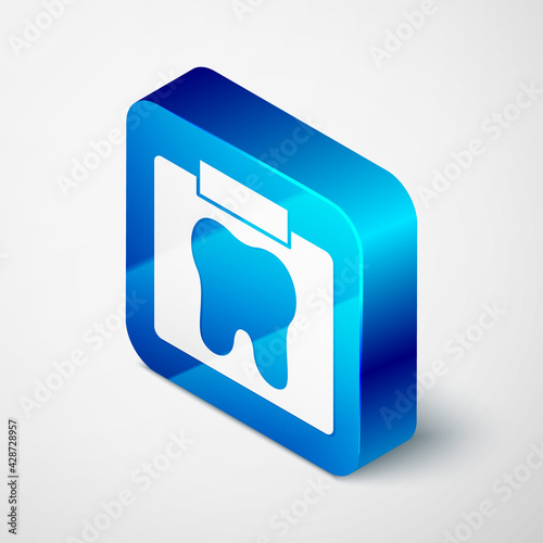 Isometric X-ray of tooth icon isolated on grey background. Dental x-ray. Radiology image. Blue square button. Vector