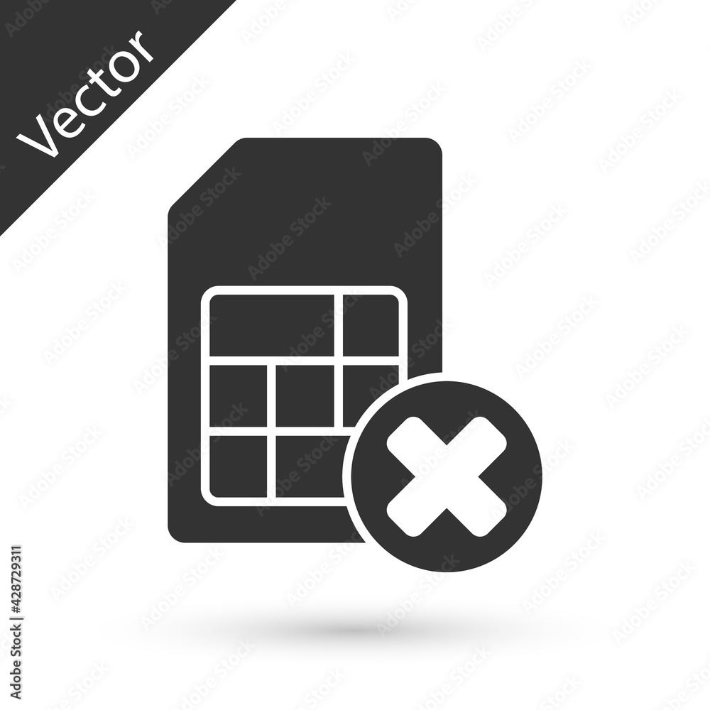 Grey Sim card rejected icon isolated on white background. Mobile cellular phone sim card chip. Mobile telecommunications technology symbol. Vector Grey Sim card rejected icon isolated on white background. Mobile cellular phone sim card chip. Mobile telecommunications technology symbol. Vector
