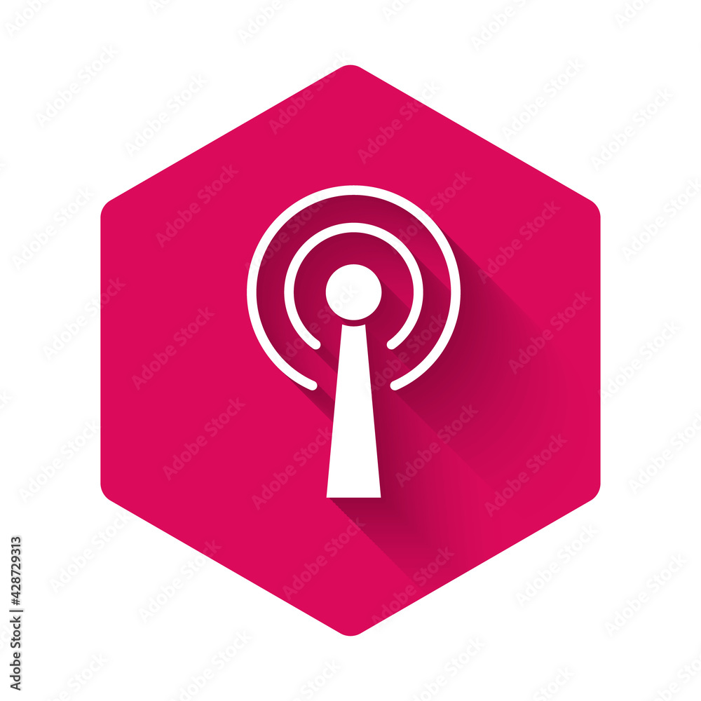 White Antenna icon isolated with long shadow. Radio antenna wireless. Technology and network signal radio antenna. Pink hexagon button. Vector