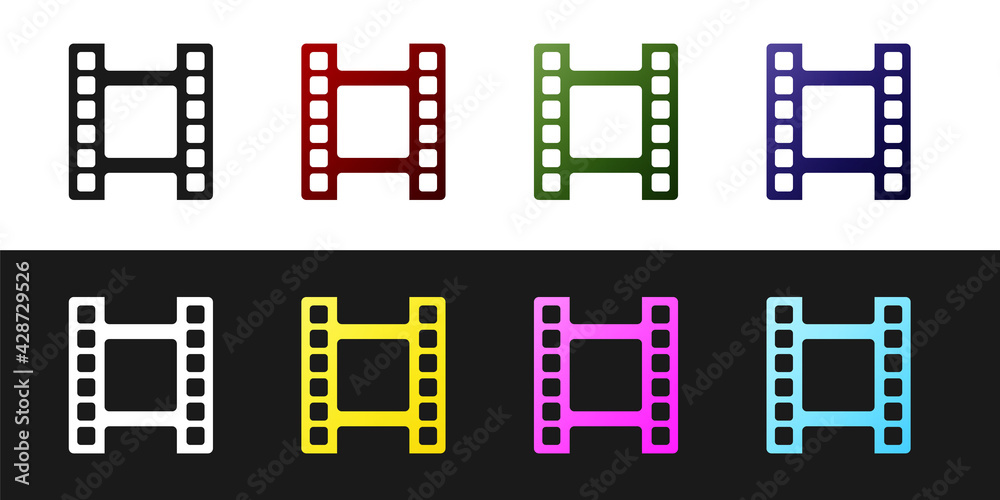 Set Play Video icon isolated on black and white background. Film strip sign. Vector