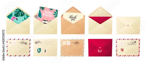 Different envelopes set. Craft envelopes with various post stamps, postmarks and lettering - thank you, love. Cartoon vector illustration.