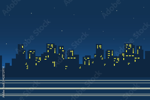 Silhouettes of skyscrapers in night city landscape background in flat style. Cityscape street with houses with glowing windows, metropolis panorama. Nature scenery. Vector illustration of web banner