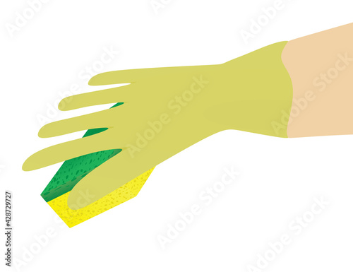 Yellow glove hand hold sponge. vector