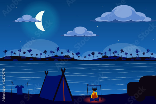 Tent on shore of tropical island at night landscape background in flat style. Tent camp and bonfire, overnight outdoor travel, seaside recreation. Nature scenery. Vector illustration of web banner