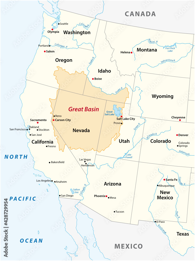 Vector map of the Great Basin in the western United States 