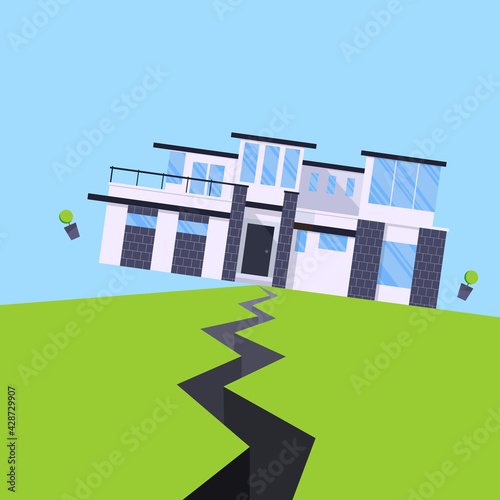 Earthquake house insurance concept flat style vector illustration. House jumping from earthquake and ground with the cracks. Natural disaster accident. Protect your building property from damage.