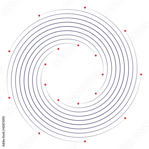 Abstract black spiral with red dots on the ends of lines. Radial swirl, twirl curvy, wavy lines element, logo or icon.