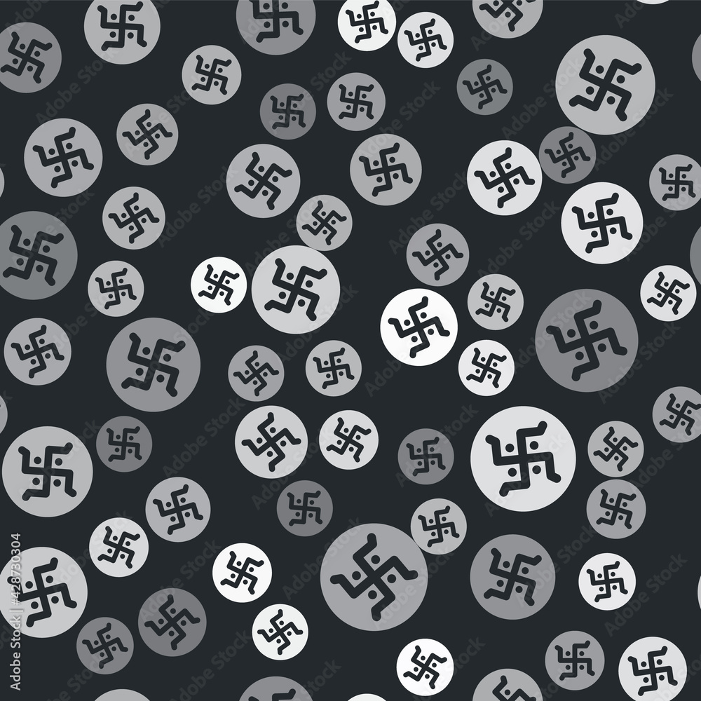 Grey Hindu swastika religious symbol icon isolated seamless pattern on black background. Vector
