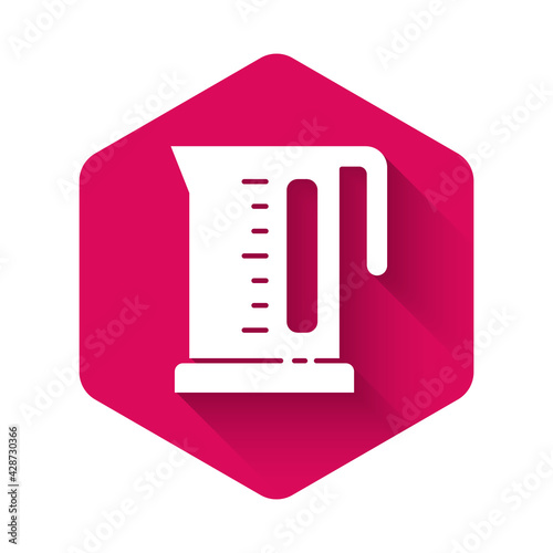 White Electric kettle icon isolated with long shadow. Teapot icon. Pink hexagon button. Vector