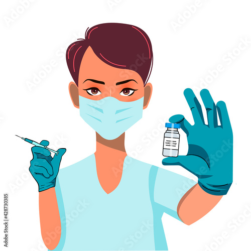 Vaccination and immunization. Vaccine treatment for covid 19 concept. Nurse in mask and gloves. Doctor hold medical equipment for treatment  to recover sick people and lower death rate caused by virus