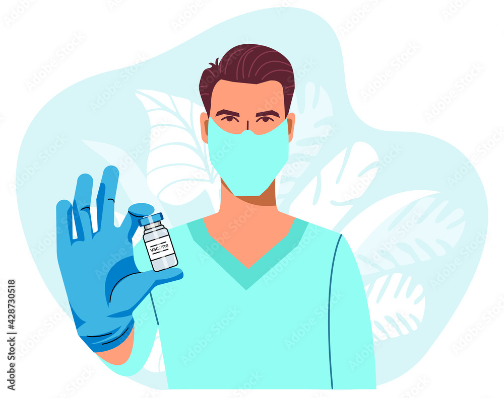 Vaccination and immunization. Vaccine treatment for covid 19 concept. Nurse in mask and gloves. Doctor hold medical equipment for treatment  to recover sick people and lower death rate caused by virus