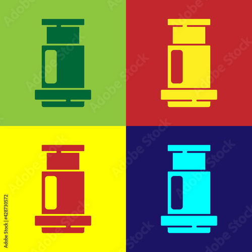 Pop art Aeropress coffee method icon isolated on color background. Device for brewing coffee. Vector