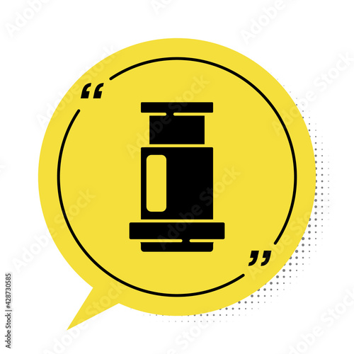 Black Aeropress coffee method icon isolated on white background. Device for brewing coffee. Yellow speech bubble symbol. Vector