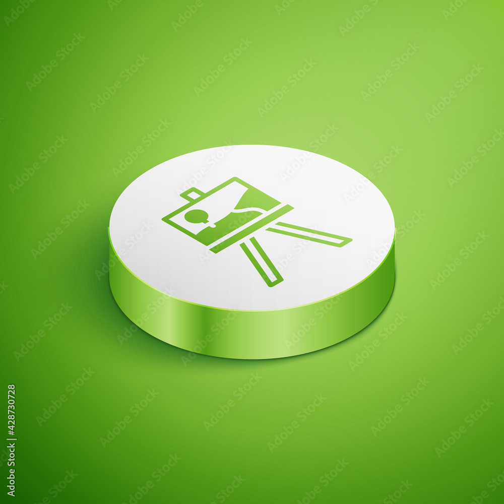 Isometric Wood easel or painting art boards icon isolated on green background. White circle button. Vector Isometric Wood easel or painting art boards icon isolated on green background. White circle button. Vector