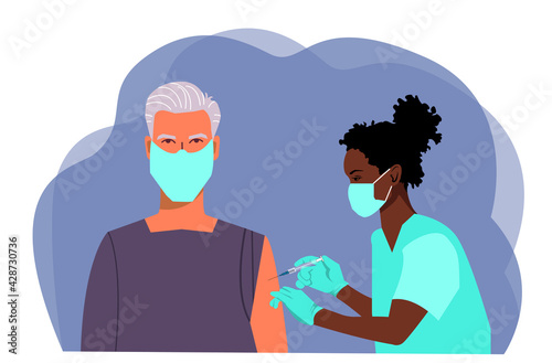 Vaccination and immunization. Vaccine treatment for covid 19 concept. Nurse in mask and gloves. Doctor hold medical equipment for treatment  to recover sick people and lower death rate caused by virus