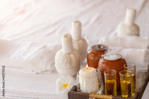 spa theme with candles  on wooden background.  Massage therapy for one person with candle light. Beauty spa treatment and relax concept.