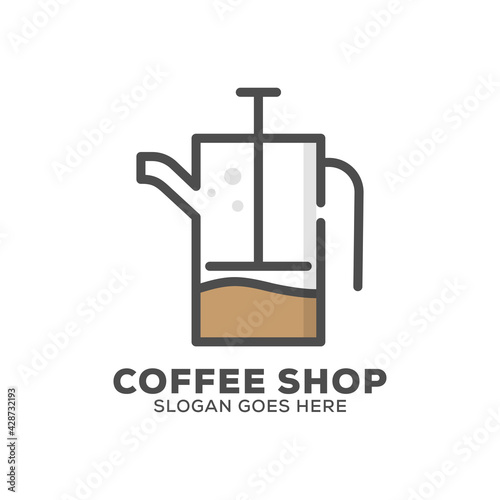 French press flat design logo vector illustration, coffee shop icon outline