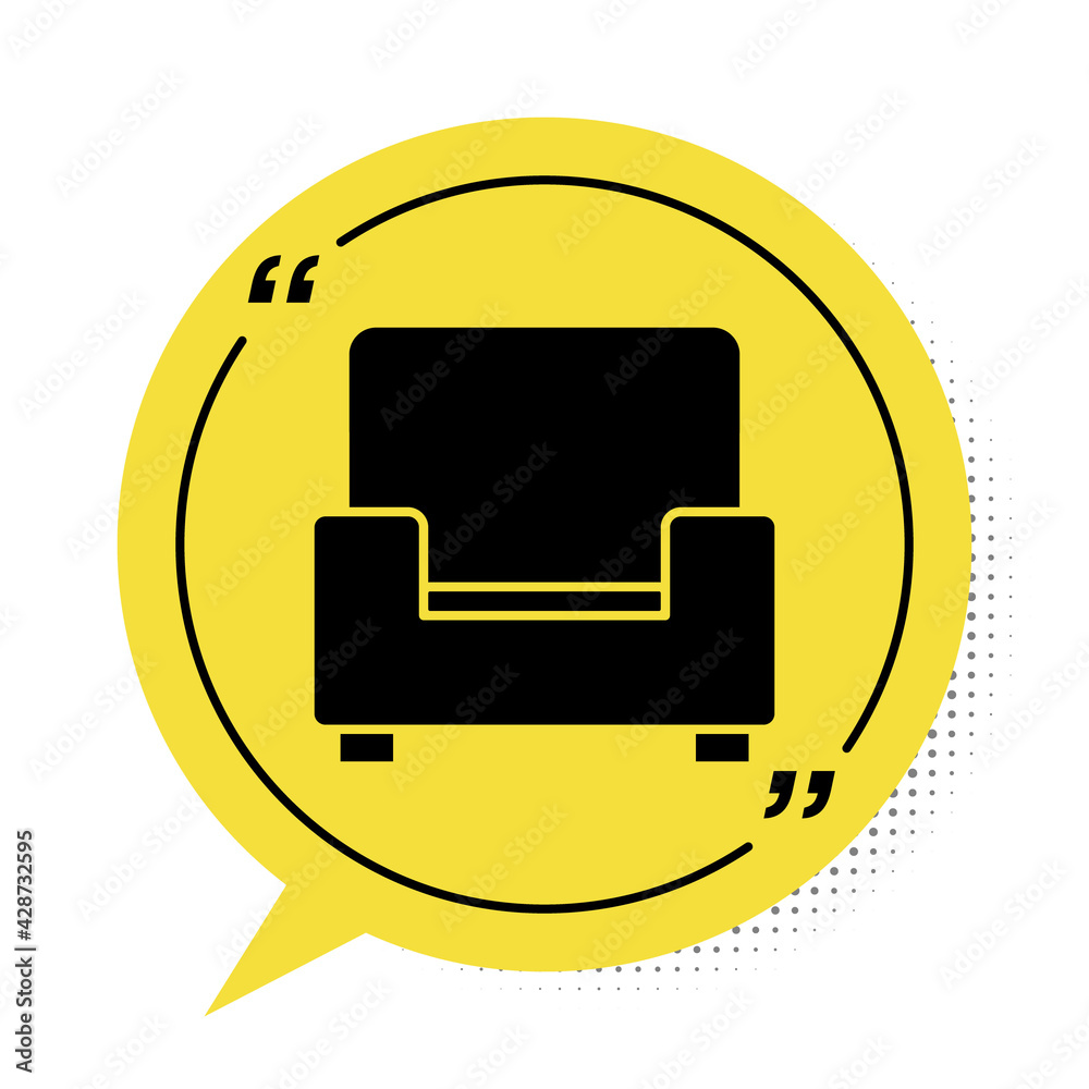 Black Armchair icon isolated on white background. Yellow speech bubble symbol. Vector Black Armchair icon isolated on white background. Yellow speech bubble symbol. Vector