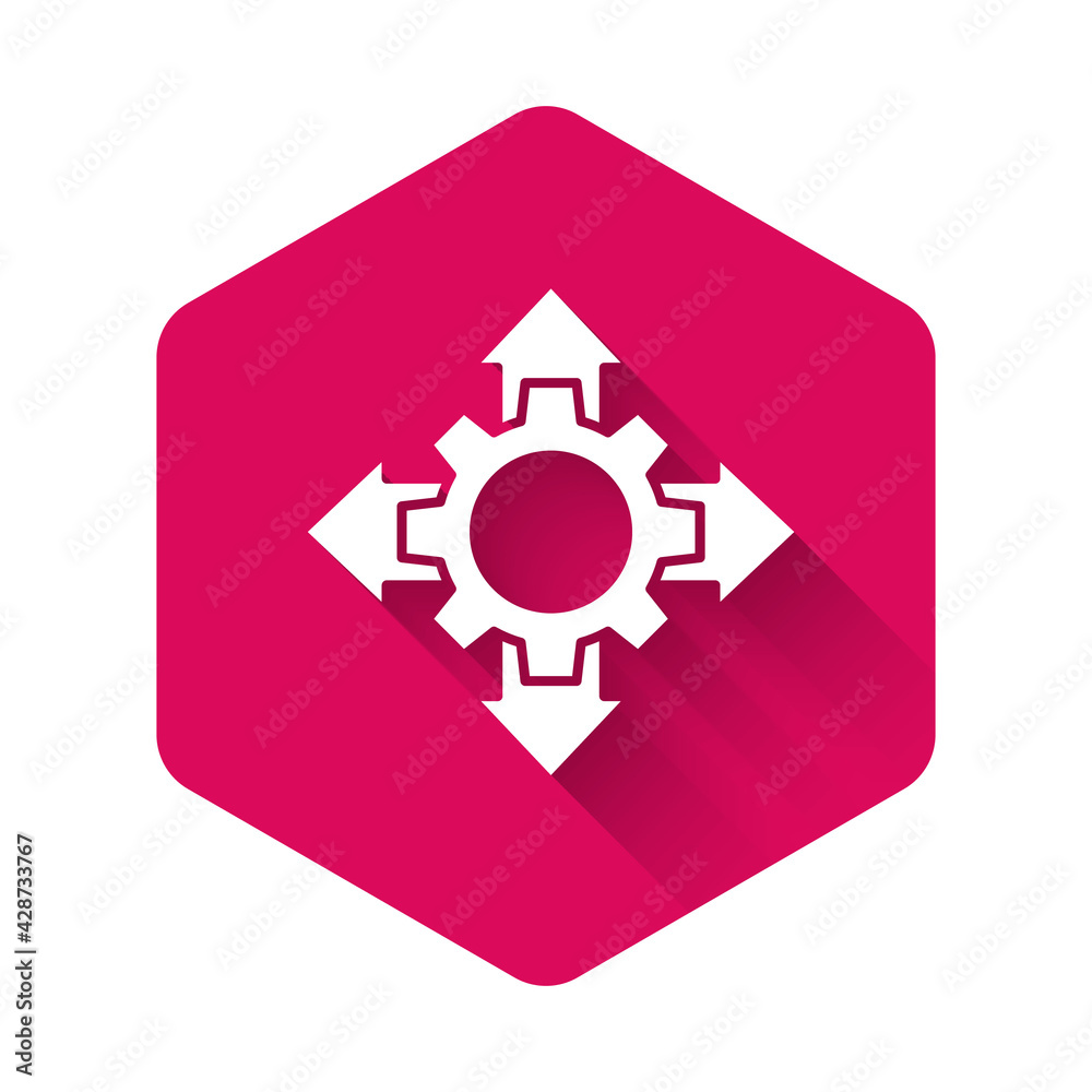 White Project team base icon isolated with long shadow. Business analysis and planning, consulting, team work, project management. Pink hexagon button. Vector White Project team base icon isolated with long shadow. Business analysis and planning, consulting, team work, project management. Pink hexagon button. Vector