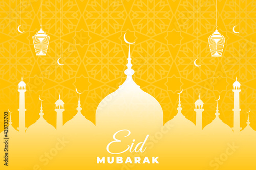 eid mubarak beautiful design with hanging lanterns and crescent moon and the mosque in the background (2)