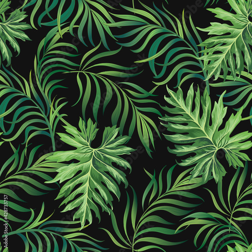 Jtropical vector pattern with leaves. Trendy summer print. Exotic seamless background.