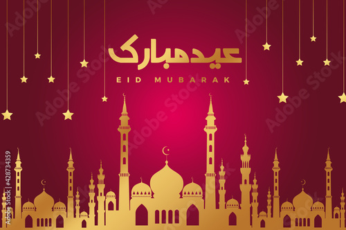 eid mubarak background design with stars and mosque and arabic lettering