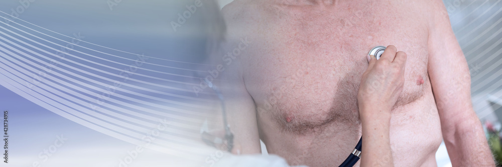 Female doctor using stethoscope to exam patient; panoramic banner Female doctor using stethoscope to exam patient; panoramic banner