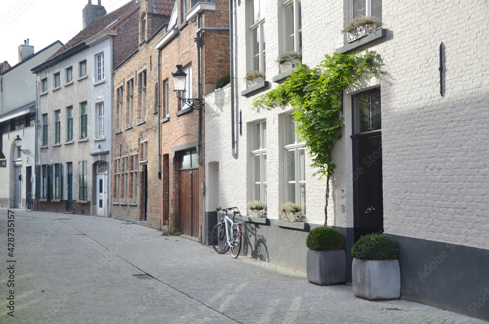 Naklejka premium Old street in Bruges (Brugge), Belgium. Cityscape of Bruges. Typical architecture of Bruges