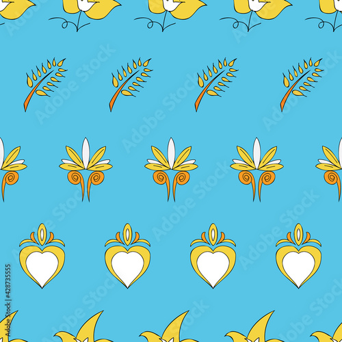 Vector bright blue background Brittany celtic, Breton trational folklore symbols seamless pattern. Seamless pattern background
