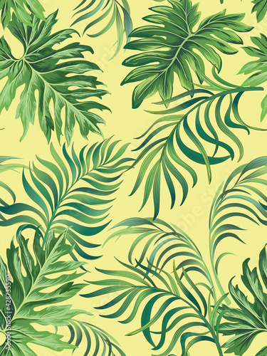 Jtropical vector pattern with leaves. Trendy summer print. Exotic seamless background.