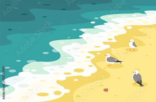 Seagulls on the beach hit by the waves. hand drawn style vector design illustrations. 