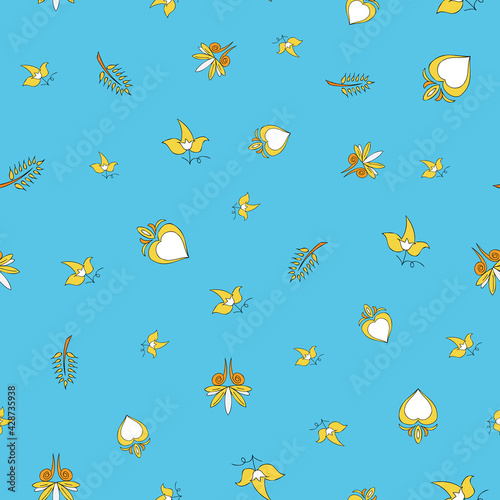 Vector bright blue background Brittany celtic, Breton trational folklore symbols seamless pattern. Seamless pattern background