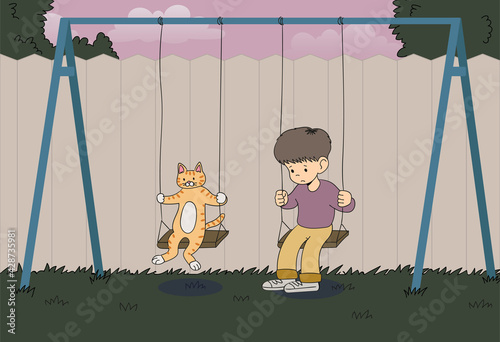 The boy is riding on a swing with a sad expression, and a cat is riding on a swing together. hand drawn style vector design illustrations. 