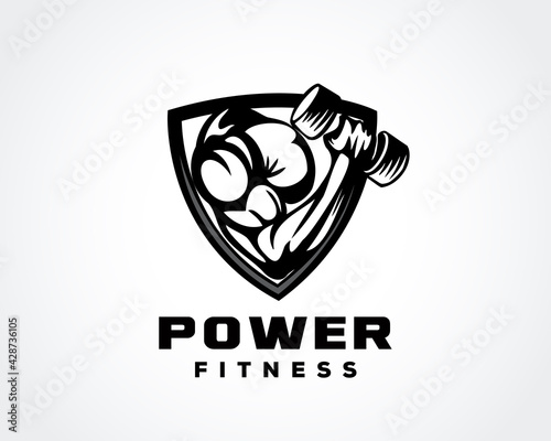 Shield power care hand muscular lifting dumbbell fitness gym logo design template vector illustration