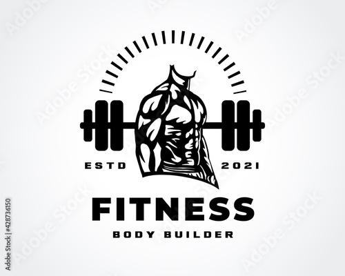 fitness gym body builder muscular model art logo design template illustration