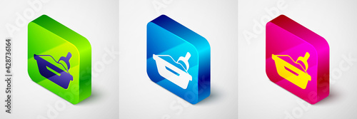 Isometric Cat litter tray with shovel icon isolated on grey background. Sandbox cat with shovel. Square button. Vector