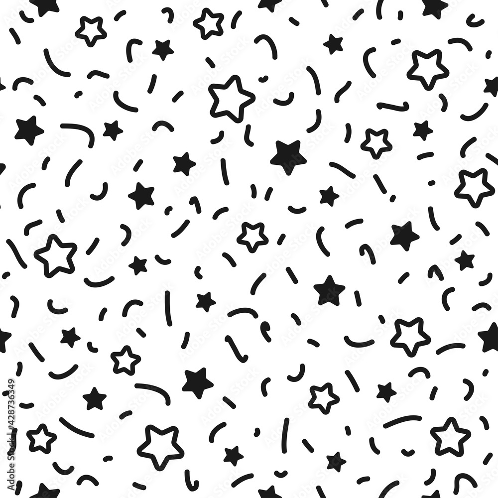 Seamless pattern with little rounded back stars, dots and strokes on white background.