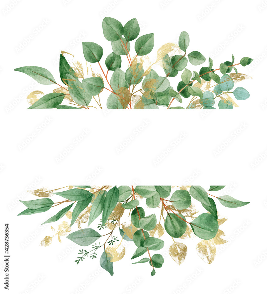 Watercolor frame with eucalyptus foliage, green and gold leaves ...