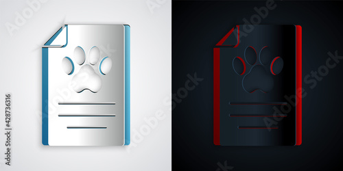 Paper cut Clipboard with medical clinical record pet icon isolated on grey and black background. Health insurance form. Medical check marks report. Paper art style. Vector
